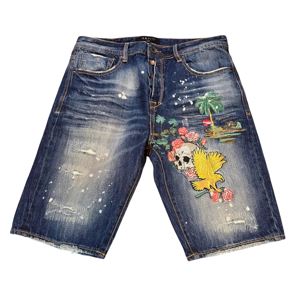 AKOO Denim Shorts Mens 34 Blue Embroidered Skull Eagle Paint Splatter Button Fly